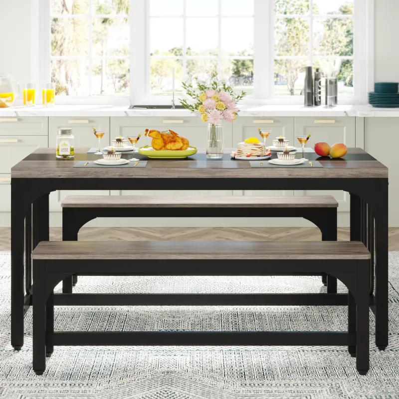 Tribesigns Dining Tables*Dining Table Set, 3-Piece Kitchen Table with 2 Benches for 4-6 People