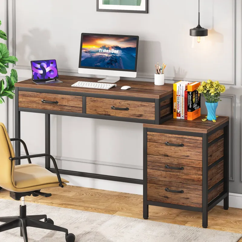 Tribesigns Desks*5-Drawer Computer Desk, Study Writing Table with Reversible Drawer Cabinet