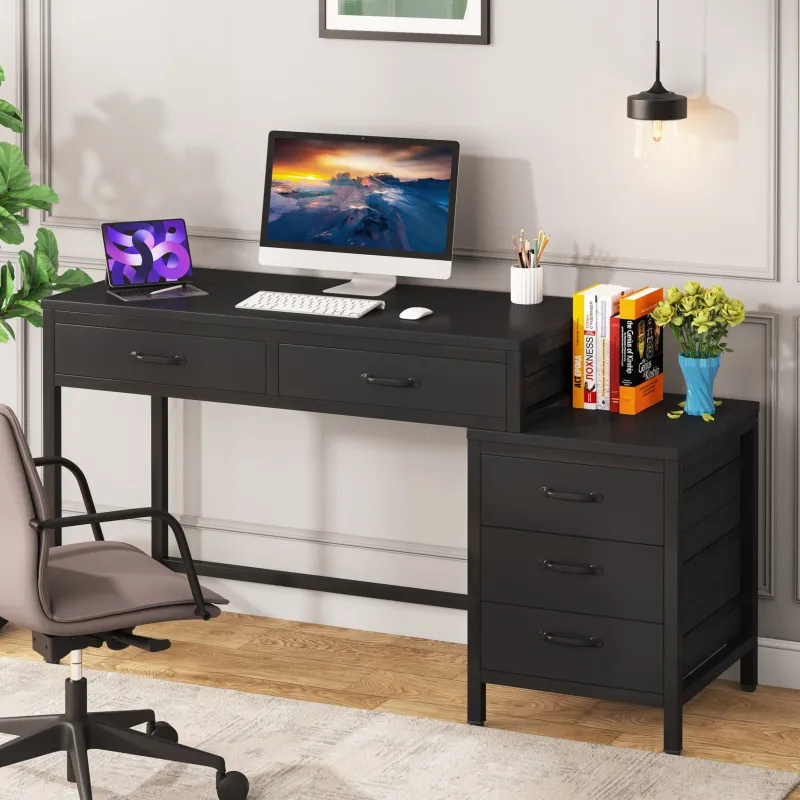 Tribesigns Desks*5-Drawer Computer Desk, Study Writing Table with Reversible Drawer Cabinet