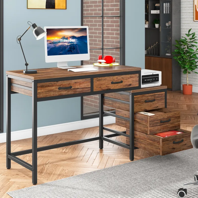 Tribesigns Desks*5-Drawer Computer Desk, Study Writing Table with Reversible Drawer Cabinet