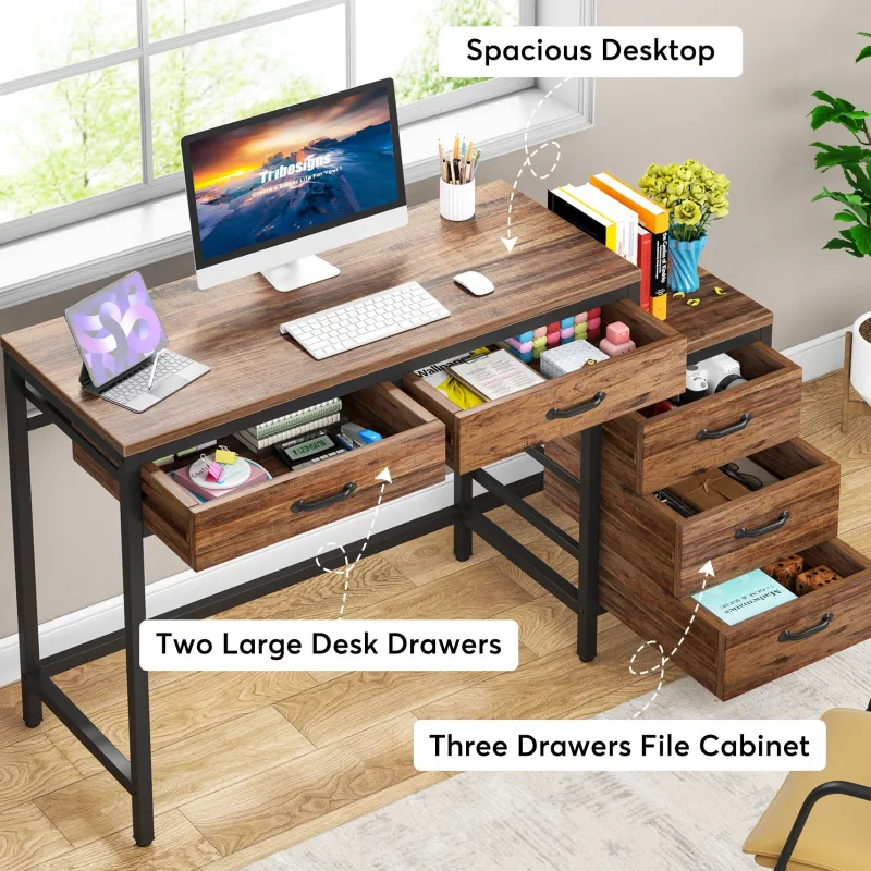 Tribesigns Desks*5-Drawer Computer Desk, Study Writing Table with Reversible Drawer Cabinet