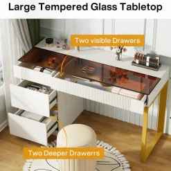 Tribesigns Makeup Vanities*4-Drawer Makeup Vanity, Modern Dressing Table with Glass Desktop(Without Mirror)