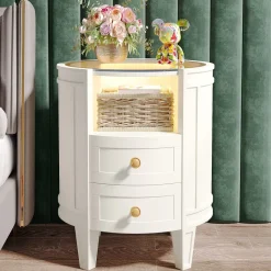 Tribesigns Nightstands*2-Drawer Nightstand with LED Light, Modern Side Table with Glass Tabletop
