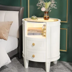 Tribesigns Nightstands*2-Drawer Nightstand with LED Light, Modern Side Table with Glass Tabletop