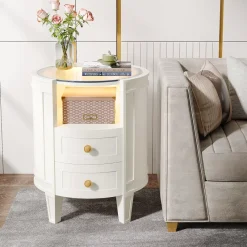 Tribesigns Nightstands*2-Drawer Nightstand with LED Light, Modern Side Table with Glass Tabletop