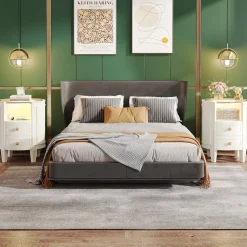 Tribesigns Nightstands*2-Drawer Nightstand with LED Light, Modern Side Table with Glass Tabletop
