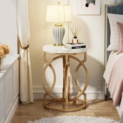 Tribesigns End & Side Tables*End Table, Round Side Table with Faux Marble Top, Modern Bedside Table