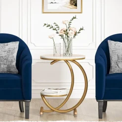 Tribesigns End & Side Tables*End Table, 2-Tier Faux Marble Side Table with C-Shaped Frame