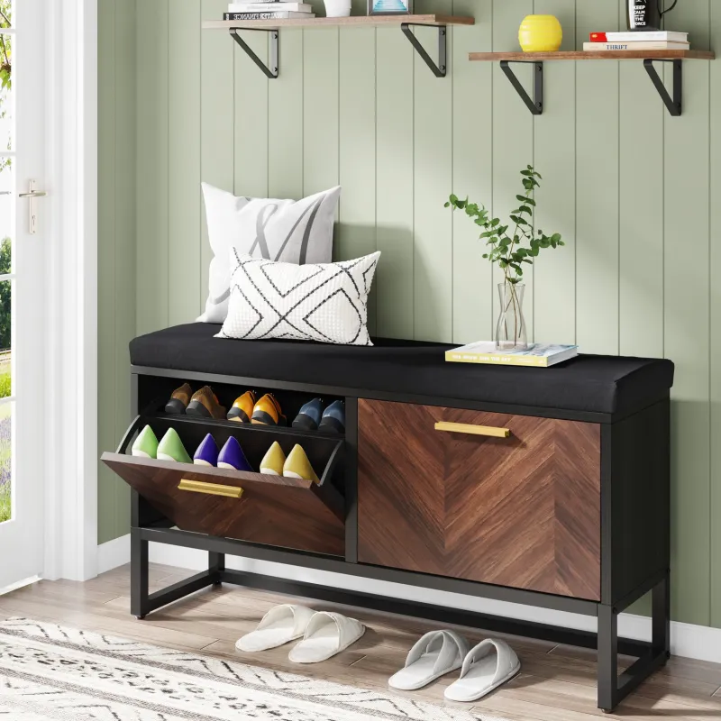 Tribesigns Benches*Entryway Shoe Storage Bench, Hallway Shoe Organizer with 2 Flip Drawers