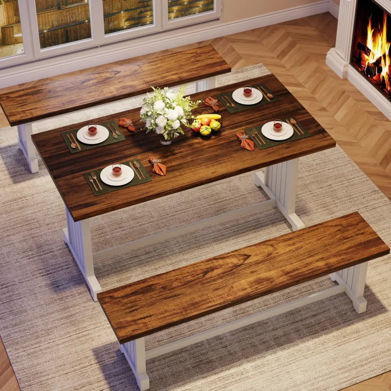 Tribesigns Dining Tables*Farmhouse Dining Table Set, 47" Kitchen Table with 2 Benches