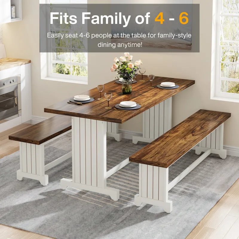 Tribesigns Dining Tables*Farmhouse Dining Table Set, 47" Kitchen Table with 2 Benches
