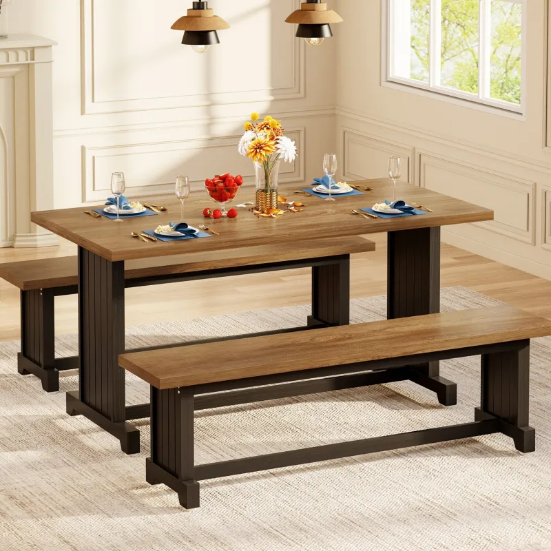 Tribesigns Dining Tables*Farmhouse Dining Table Set, 47" Kitchen Table with 2 Benches