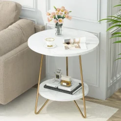 Tribesigns End & Side Tables*Faux Marble End Table, 2 - Tier Round Sofa Bedside Table with Shelves