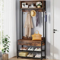 Tribesigns Coat Racks|Coat Racks*Full-frontal shot of 's Industrial Coat Rack Shoe Bench, Entryway Hall Tree with Drawer & Hooks.