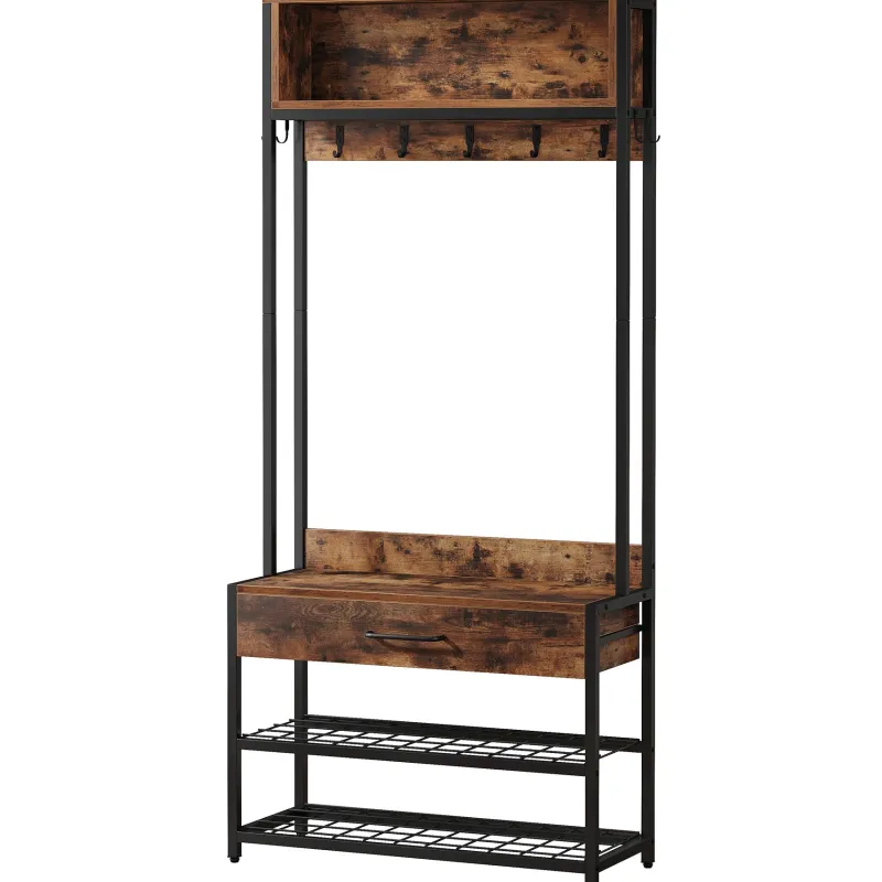 Tribesigns Coat Racks|Coat Racks*Full-frontal shot of 's Industrial Coat Rack Shoe Bench, Entryway Hall Tree with Drawer & Hooks.