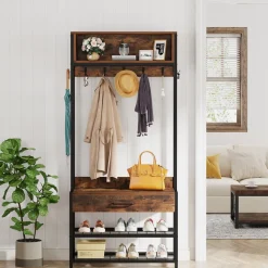 Tribesigns Coat Racks|Coat Racks*Full-frontal shot of 's Industrial Coat Rack Shoe Bench, Entryway Hall Tree with Drawer & Hooks.