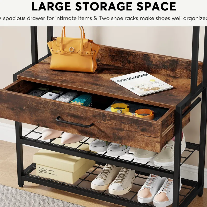 Tribesigns Coat Racks|Coat Racks*Full-frontal shot of 's Industrial Coat Rack Shoe Bench, Entryway Hall Tree with Drawer & Hooks.