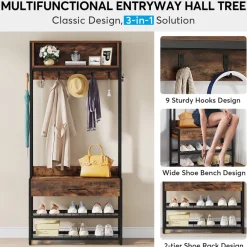 Tribesigns Coat Racks|Coat Racks*Full-frontal shot of 's Industrial Coat Rack Shoe Bench, Entryway Hall Tree with Drawer & Hooks.
