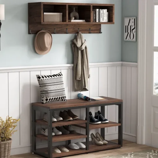 Tribesigns Shoe Racks & Cabinets|Shoe Racks & Cabinets*Hallway view of 's 5 IN 1 Coat Rack Shoe Bench Set, Hall Tree with Wall Mounted Shelf.