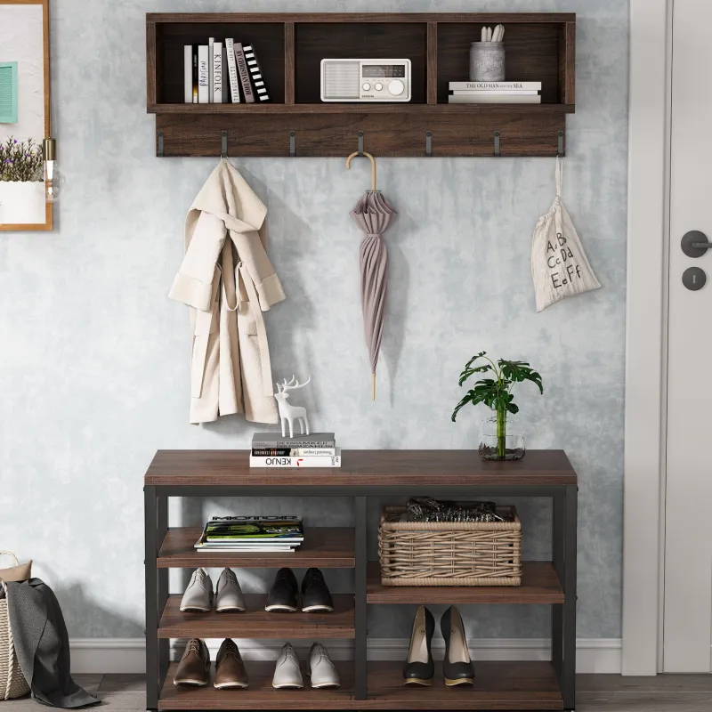 Tribesigns Shoe Racks & Cabinets|Shoe Racks & Cabinets*Hallway view of 's 5 IN 1 Coat Rack Shoe Bench Set, Hall Tree with Wall Mounted Shelf.