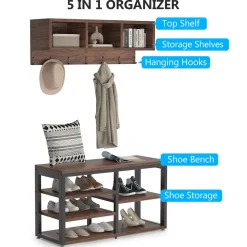 Tribesigns Shoe Racks & Cabinets|Shoe Racks & Cabinets*Hallway view of 's 5 IN 1 Coat Rack Shoe Bench Set, Hall Tree with Wall Mounted Shelf.
