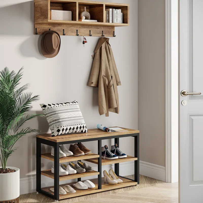 Tribesigns Shoe Racks & Cabinets|Shoe Racks & Cabinets*Hallway view of 's 5 IN 1 Coat Rack Shoe Bench Set, Hall Tree with Wall Mounted Shelf.