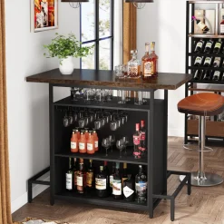 Tribesigns Bar Units*Home Bar Unit, Industrial 3-Tier Liquor Bar Table with Glasses Holder
