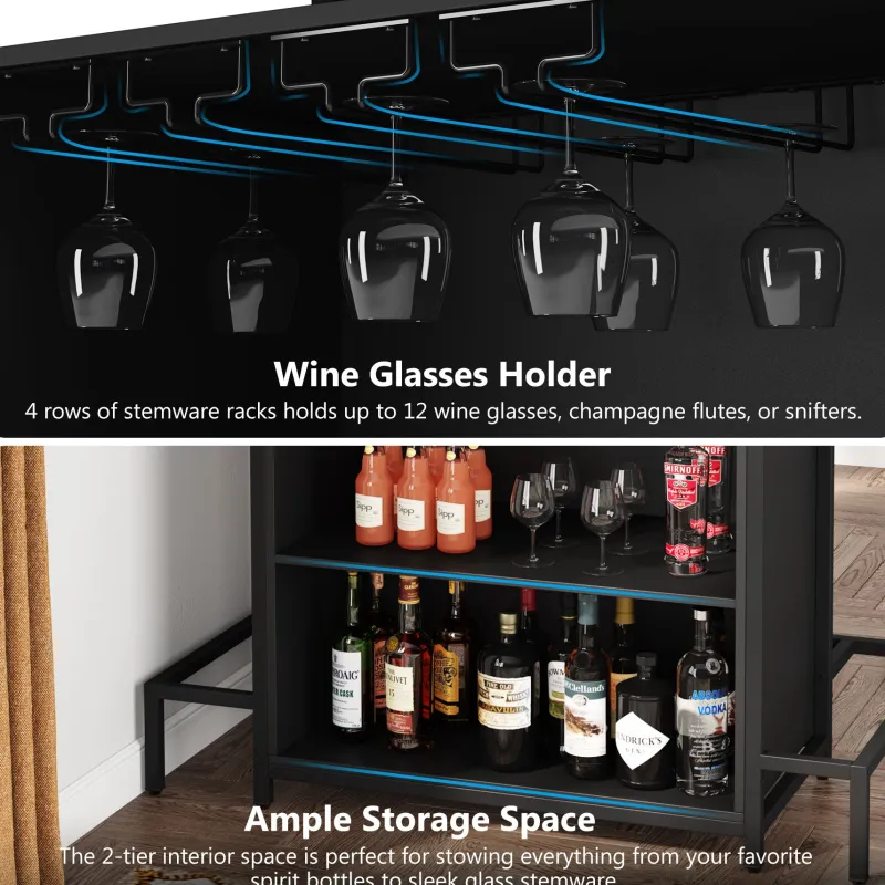 Tribesigns Bar Units*Home Bar Unit, Industrial 3-Tier Liquor Bar Table with Glasses Holder