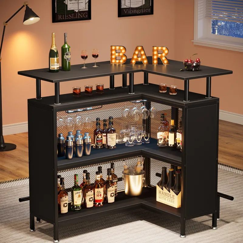 Tribesigns Bar Units*Home Bar Unit, L-Shaped Liquor Bar Table with Glasses Holders & Shelves
