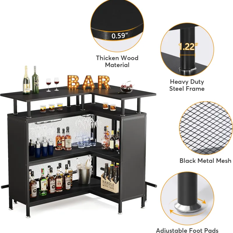 Tribesigns Bar Units*Home Bar Unit, L-Shaped Liquor Bar Table with Glasses Holders & Shelves