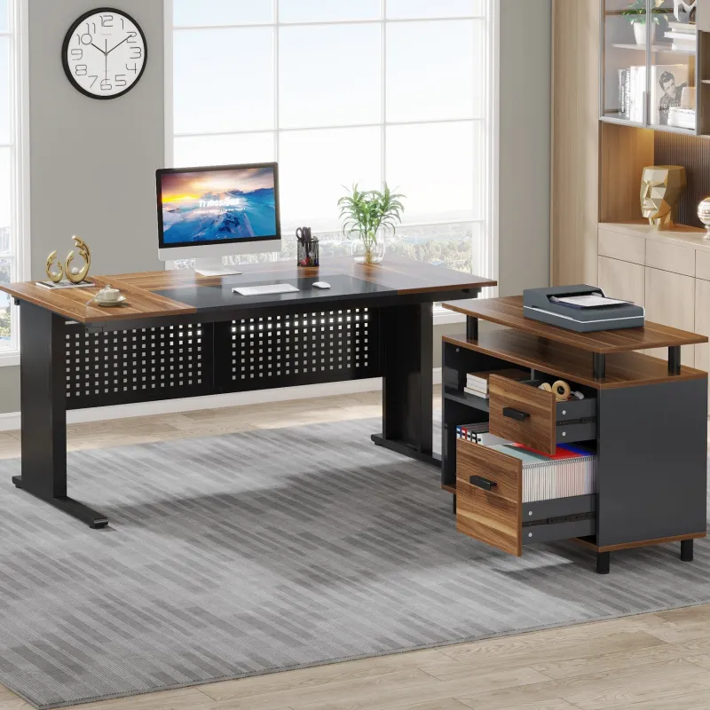 Tribesigns Desks*Industrial L - Shaped Desk, 63" Computer Executive Desk with File Cabinet