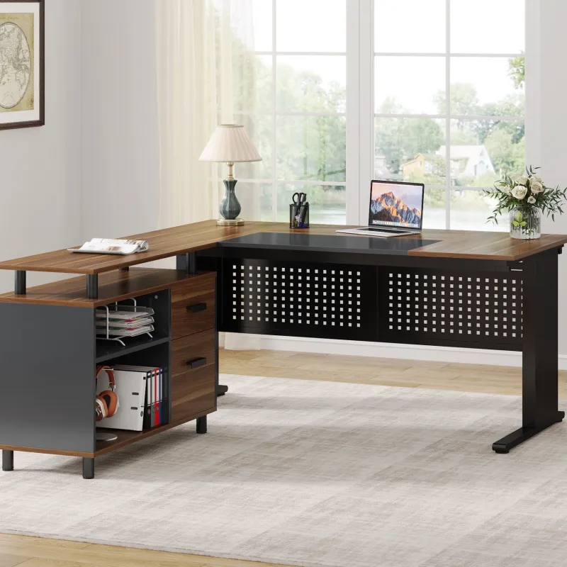 Tribesigns Desks*Industrial L - Shaped Desk, 63" Computer Executive Desk with File Cabinet