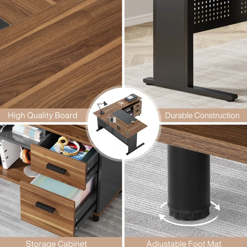 Tribesigns Desks*Industrial L - Shaped Desk, 63" Computer Executive Desk with File Cabinet