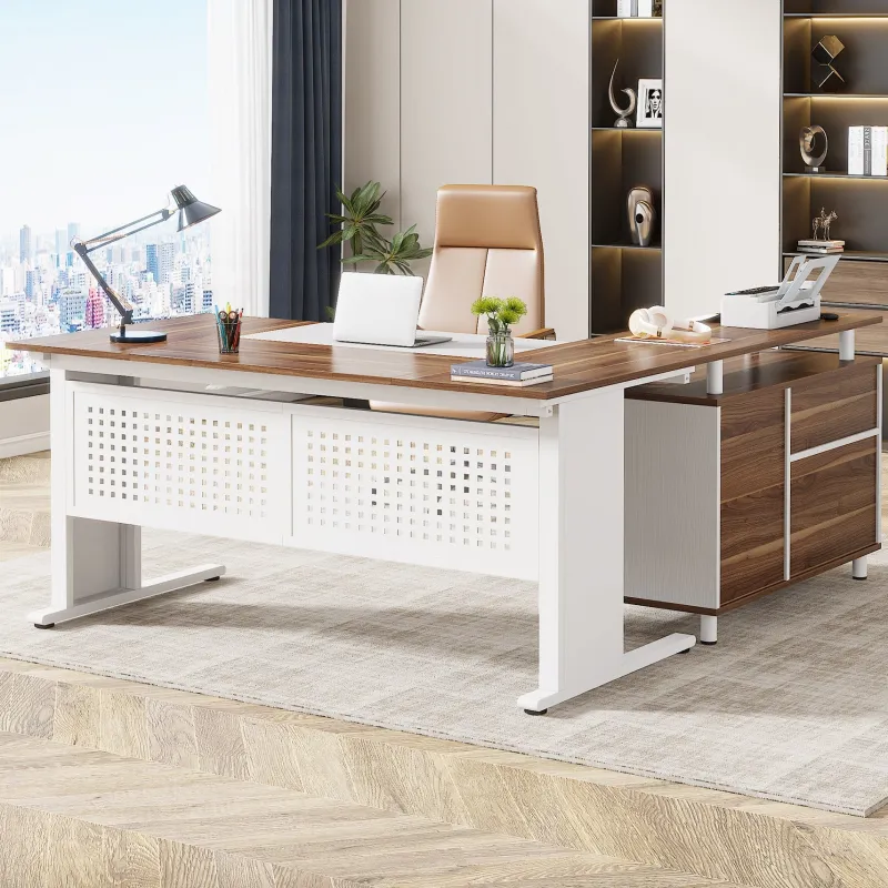 Tribesigns Desks*Industrial L - Shaped Desk, 63" Computer Executive Desk with File Cabinet