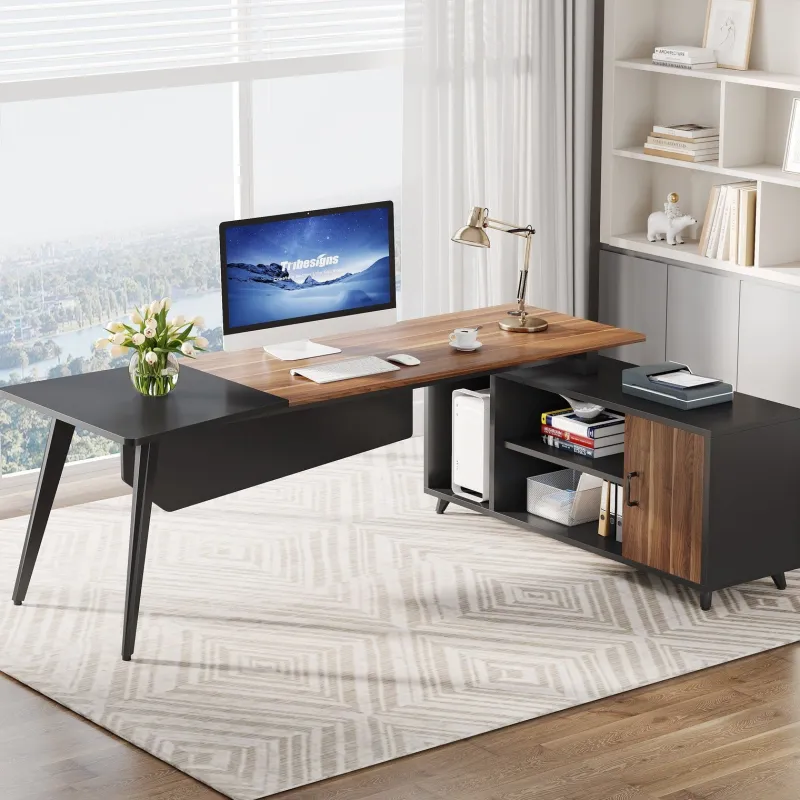 Tribesigns Desks*Industrial L-Shaped Desk, 78.74 Inch Executive Office Desk with File Cabinet