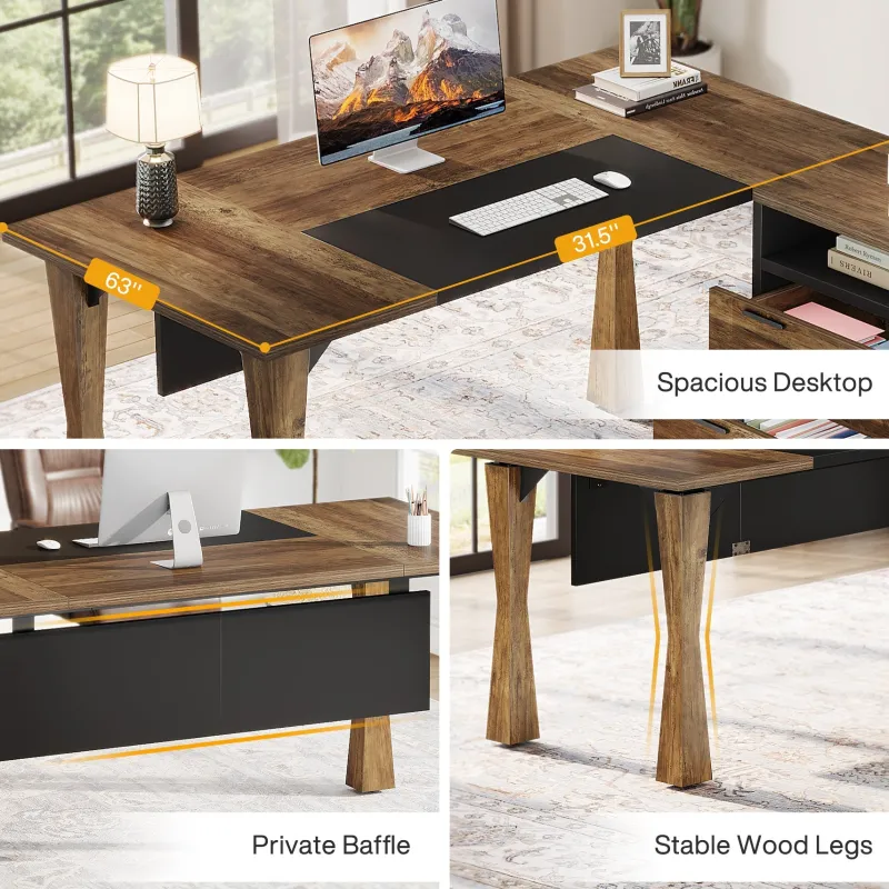 Tribesigns Desks*L - Shaped Executive Desk, 63" Computer Desk With File Cabinet