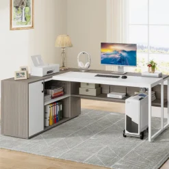Tribesigns Desks*Large L - Shaped Desk, 71 inch Executive Desk with Shelves & Cabinet