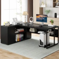 Tribesigns Desks*Large L - Shaped Desk, 71 inch Executive Desk with Shelves & Cabinet