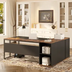Tribesigns Desks*Large L - Shaped Desk, 71 inch Executive Desk with Shelves & Cabinet
