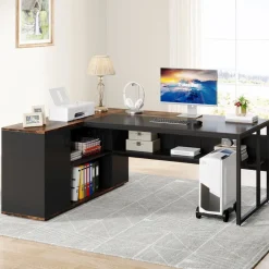 Tribesigns Desks*Large L - Shaped Desk, 71 inch Executive Desk with Shelves & Cabinet