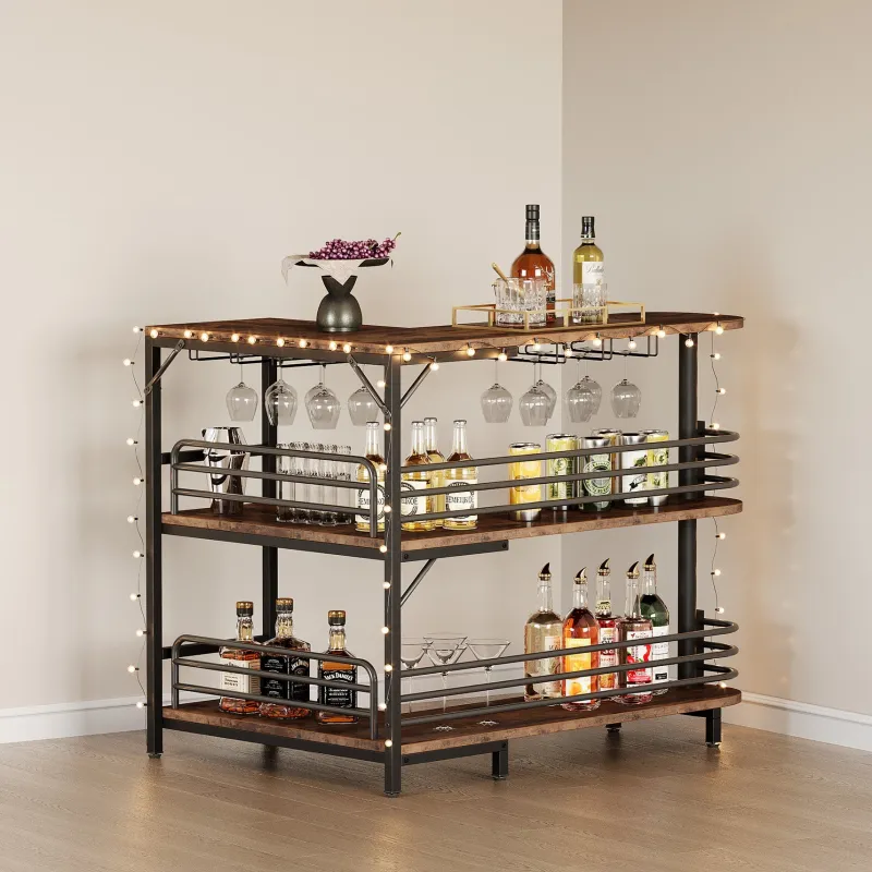 Tribesigns Bar Units*L-Shaped Bar Unit, 3 Tier Liquor Bar Table with Wine Glasses Holder