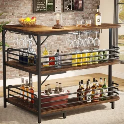 Tribesigns Bar Units*L-Shaped Bar Unit, 3 Tier Liquor Bar Table with Wine Glasses Holder