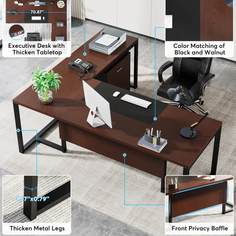 Tribesigns Desks*L-Shaped Desk, 70.8’’ Executive Desk with Mobile File Cabinet