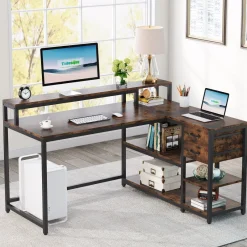Tribesigns Desks*L-Shaped Desk, Industrial Corner Desk with Drawer & Storage Shelves