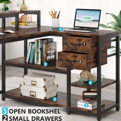 Tribesigns Desks*L-Shaped Desk, Industrial Corner Desk with Drawer & Storage Shelves