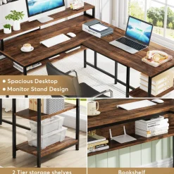 Tribesigns Desks*L-Shaped Desk, Reversible Corner Desk with Shelves & Monitor Stand