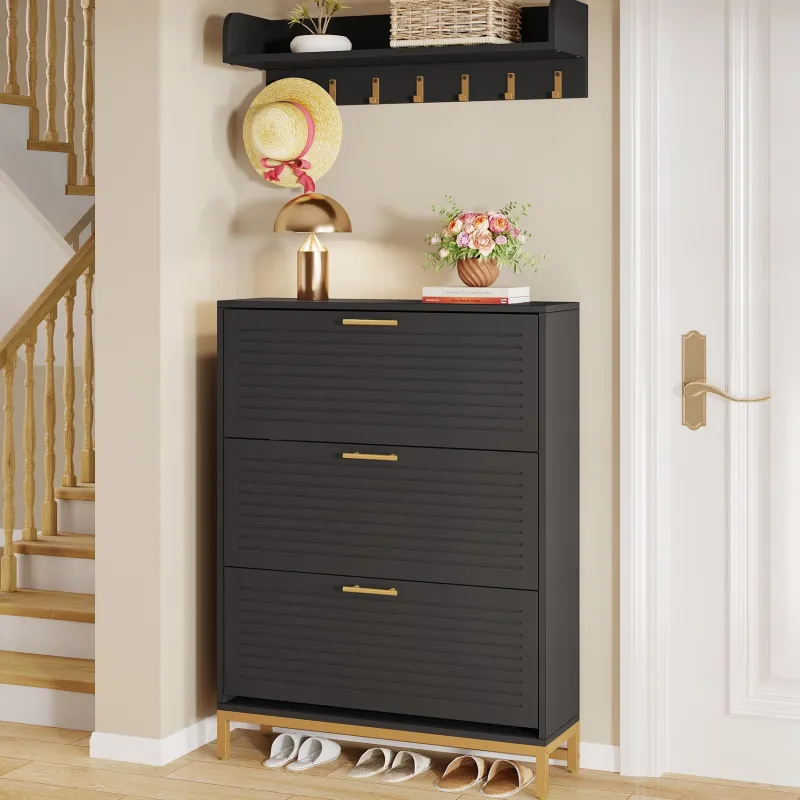 Tribesigns Shoe Racks & Cabinets|Shoe Racks & Cabinets*Modern Shoe Cabinet with Wall Mounted Coat Rack & Flip Drawer