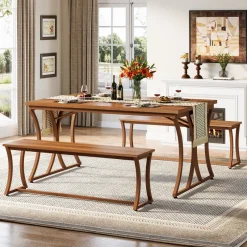 Tribesigns Dining Tables*4-Piece 51-Inch Dining Table Set with 2 Benches & Table Runner
