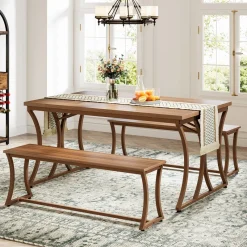 Tribesigns Dining Tables*4-Piece 51-Inch Dining Table Set with 2 Benches & Table Runner