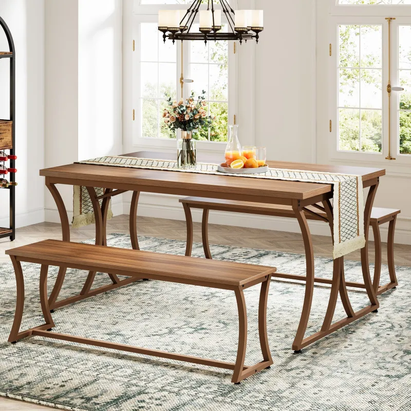 Tribesigns Dining Tables*4-Piece 51-Inch Dining Table Set with 2 Benches & Table Runner